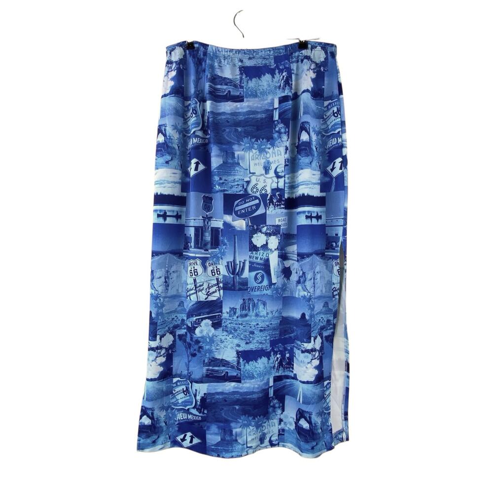 Vintage Western Graphic Midi Skirt Size L Blue Art To Wear